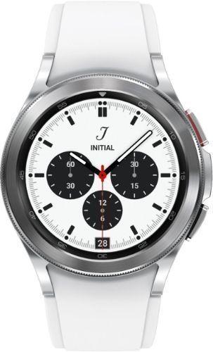 Samsung Galaxy Watch4 (Bluetooth) - 16GB - 42mm - Silver Classic (Stainless Steel) Case with White Fluoroelastomer Ridge Sports Band
