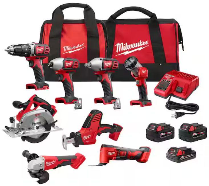 Milwaukee 2696-28 M18 18V Lithium-Ion Cordless Combo Kit (8-Tool) w/ (3) Batteries + Charger + (2) Tool Bags